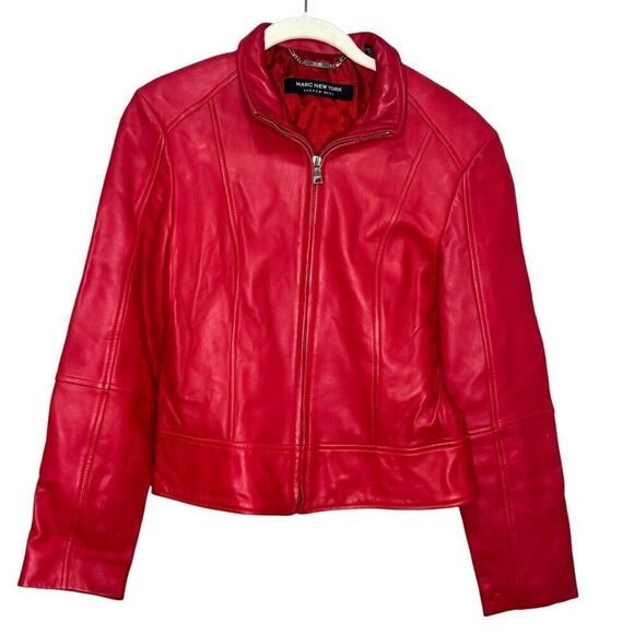 Andrew Marc New York Red Leather Jacket Womes Size Small Soft Lined - Picture 1 of 8